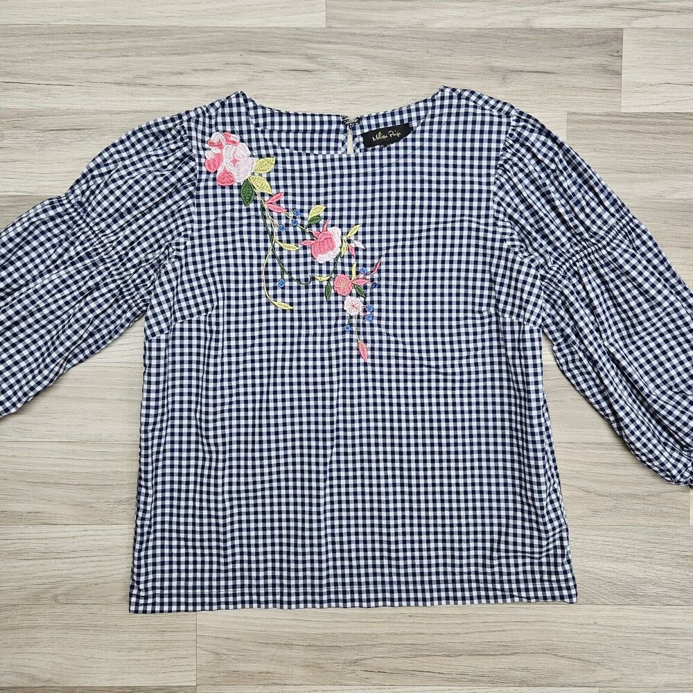 MELISSA PAIGE Womens Blue Gingham Floral Embroidered Puff Sleeve Blouse Small